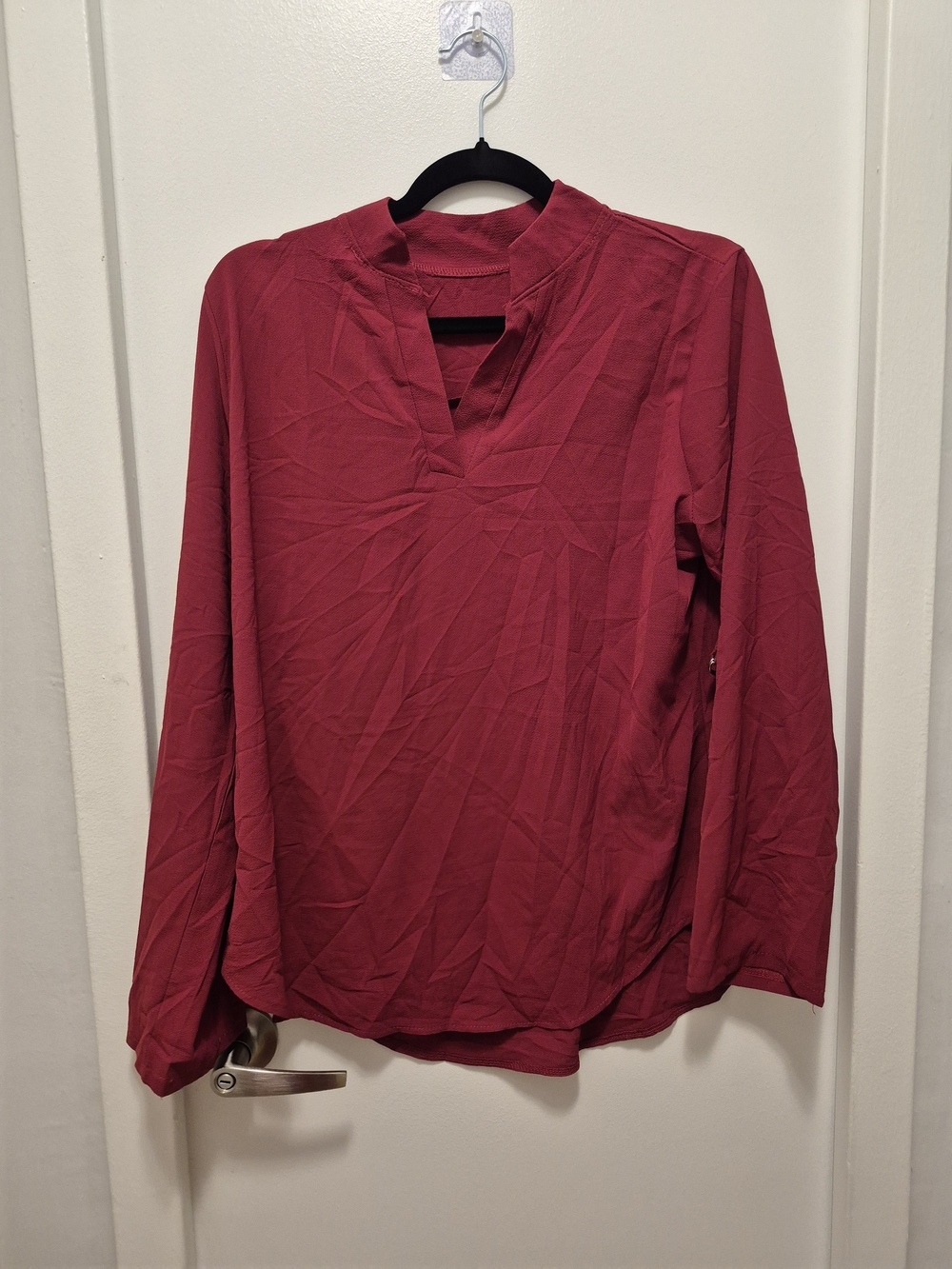 SHEIN Burgundy Notch-Neck Long Sleeve Blouse